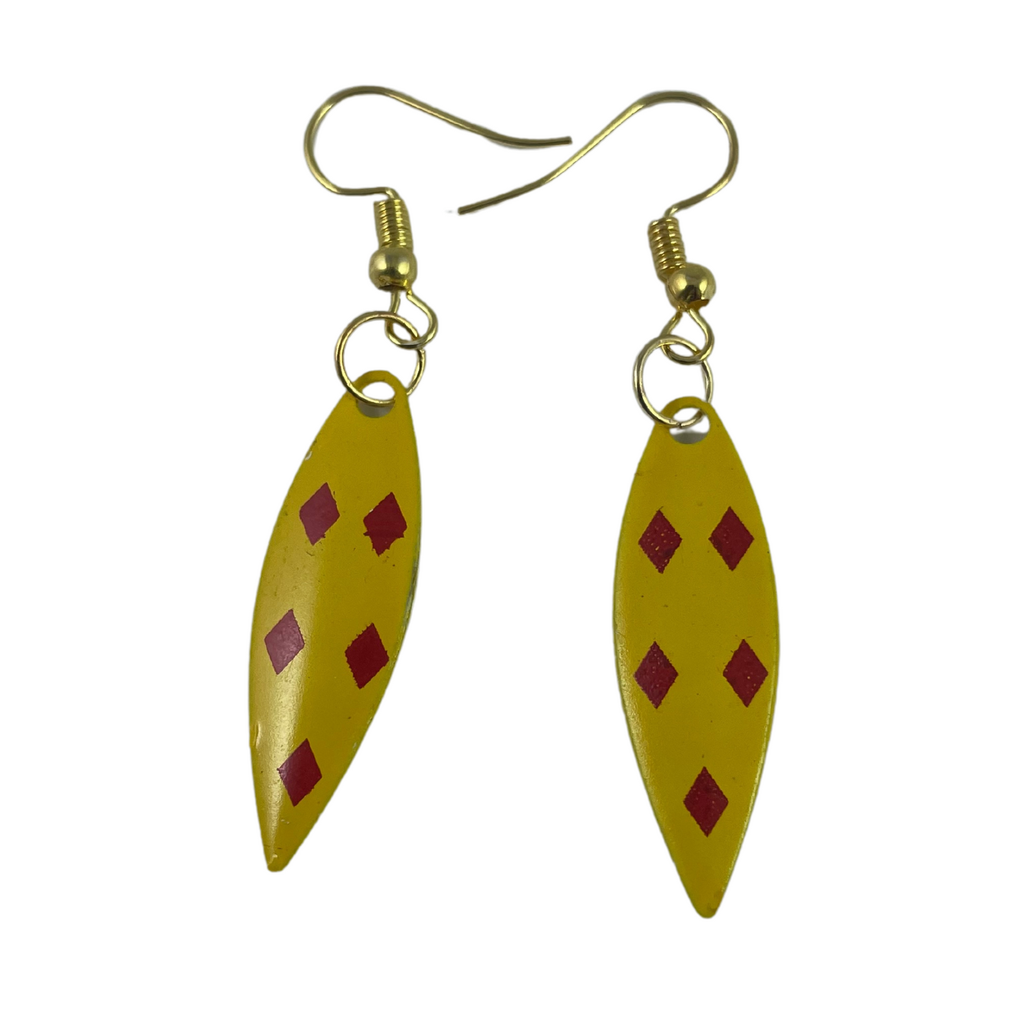 Willowleaf Mustard Yellow 5 Red Diamonds Spinner Blade Earrings